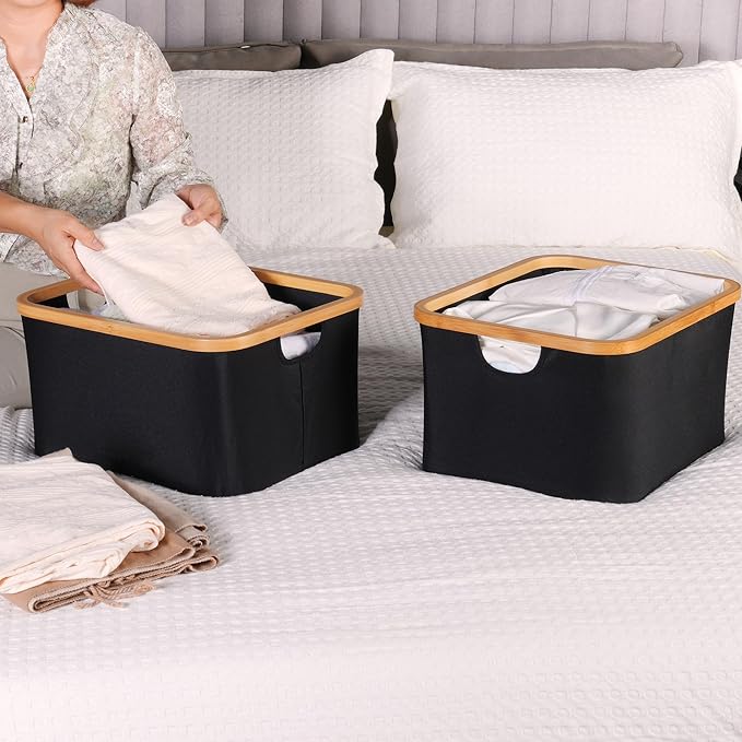 efluky Storage Baskets for Organizing, Fabric Storage Bins with Bamboo Handles, Collapsible Storage Baskets for Shelves and C