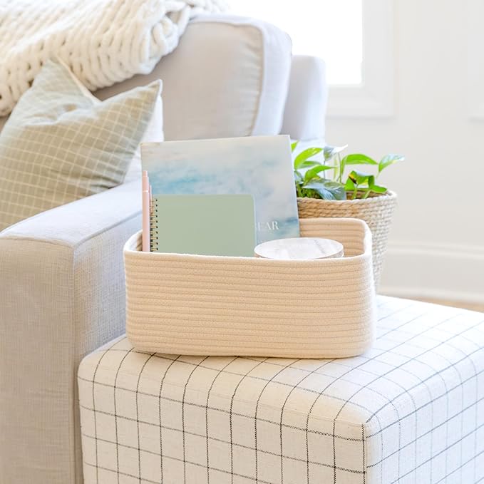NaturalCozy 13.5”x8.5”x5.5” Storage Baskets for Shelves 3 Pack | Cotton Rope Woven Small Baskets for Organizing | Small Stora