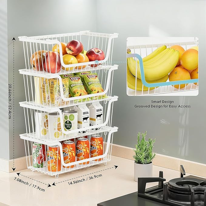 GAOKASE 4 Pcs Stackable Wire Baskets for Pantry Organizers and Storage,Vegetable Fruit Basket for Countertop,Kitchen Storage 