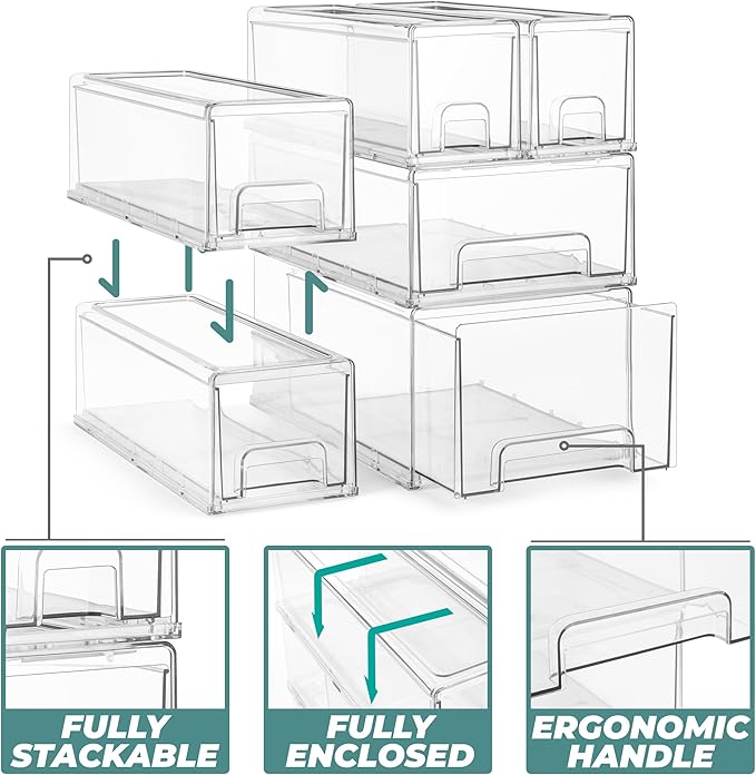 Sorbus Large Clear Stackable Storage Drawers – 2-Pack Plastic Organizer Bins with Handles – Stackable Pull-Out Storage Drawer