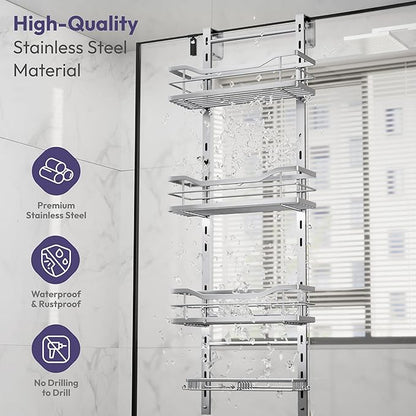 SWTYMIKI Over the Door Shower Caddy - 4 Tier Adjustable Shower Organizer Hanging with Soap Holder, No Drilling Stainless Stee