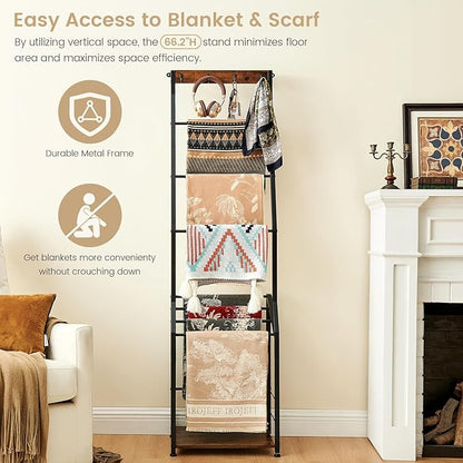 Pinzoveco Blanket Ladder, 7 Tier Wooden Ladder Shelf with Hooks, 5.5ft Blanket Holder Rack Farmhouse Ladder Rack for Storage 