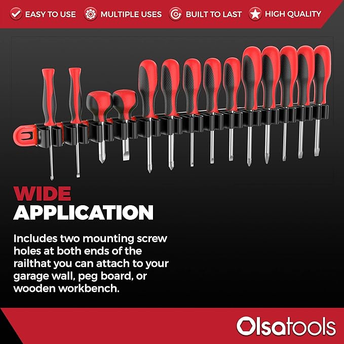 Olsa Tools Premium Wall-Mount Screwdriver Organizer - Red Nylon with Black Clips - Holds 14 Screwdrivers - Part: 1030