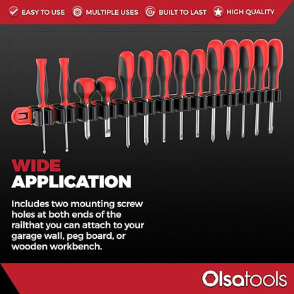 Olsa Tools Premium Wall-Mount Screwdriver Organizer - Red Nylon with Black Clips - Holds 14 Screwdrivers - Part: 1030