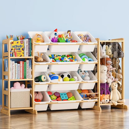 Toy Storage Organizer with Bookshelf and Stuffed Animal Storage - Kids Playroom Organization with Shelves and 12 Toy Bins - T