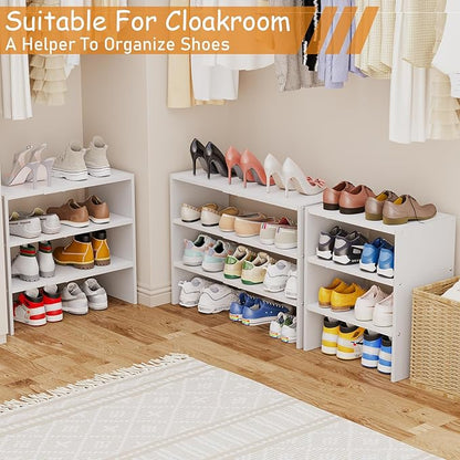3-Tier Expandable White Shoe Rack Organizer for Closet, Stackable Shoe Racks Storage Shelf, Small Metal Wood Combination Shoe