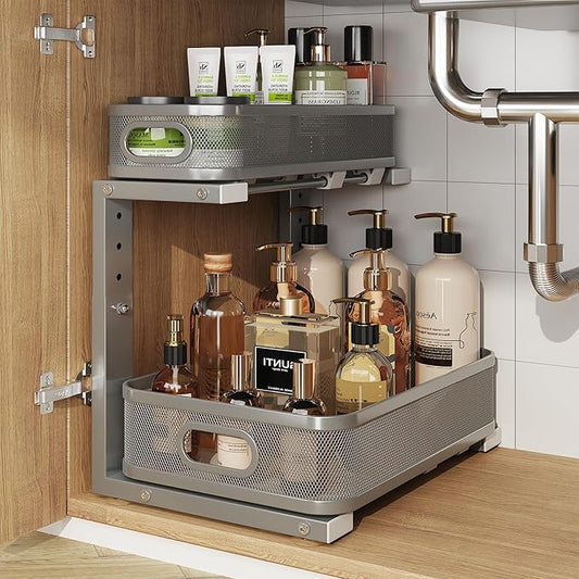 1 Pack 15.7IN-Depth Under Sink Organizer With Smooth Cylindrical Rail,2-Tier Pull Out Multi-Purpose Cabinet Storage for Bathr