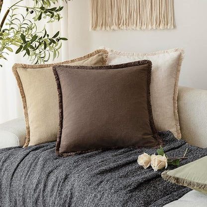Foindtower Set of 2 Decorative Linen Fringe Throw Pillow Covers Boho Farmhouse Cushion Cover with Tassels Soft Accent Pillowc