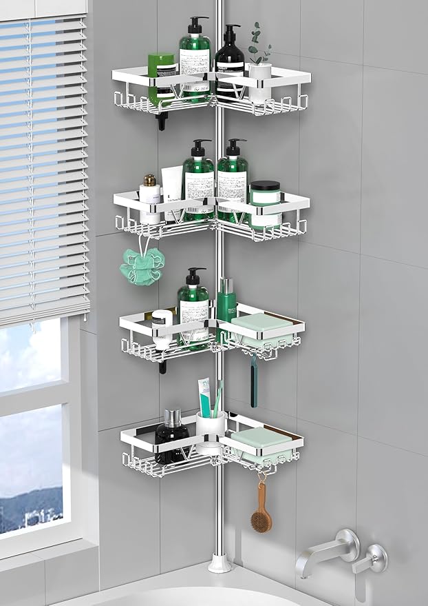 Corner Shower Caddy Tension Pole - Chrome Tension Rod Shower Caddy Adjustable Shampoo Holder for Bathroom/Bathtub/RV, Stainle