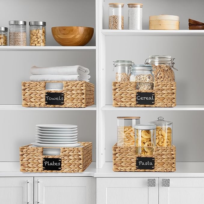 Casafield Set of 4 Water Hyacinth Pantry Baskets, 12-1/2" x 17" x 5", with Chalkboard Labels and Chalk Marker - Natural, Wove