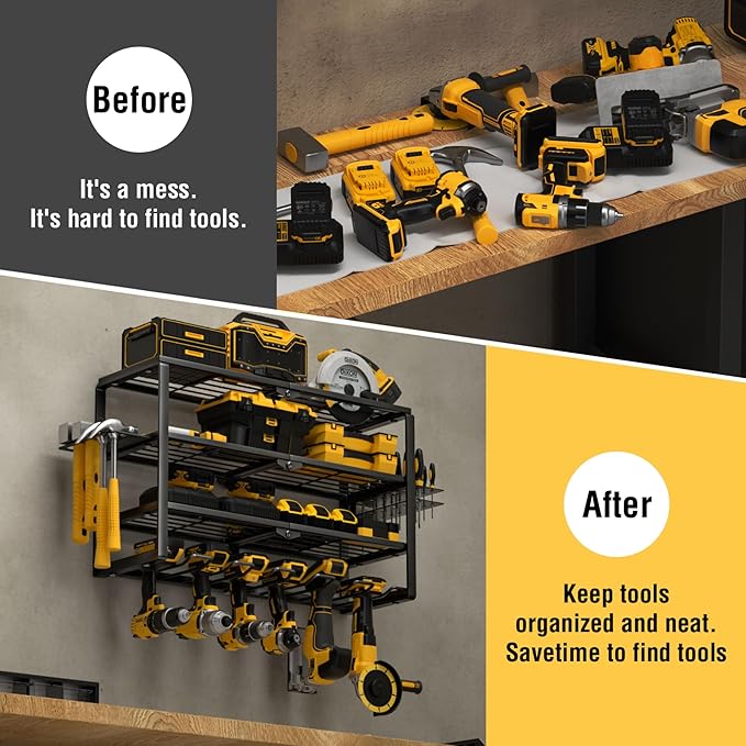 YYR 4 Layer Power Tool Organizer Wall Mount, Cordless Drill Hanger Storage Rack, Battery Tools Holder with Charging Station S