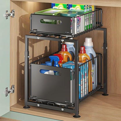 Under Sink Organizer, 2-Tier Multi-Use Kitchen and Bathroom Organizers and Storage, Slide Out Thickened Metal Under The Sink 