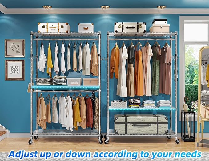 Simple Trending Clothing Garment Rack with 3 Tiers Storage Shelves, Heavy Duty Rolling Clothes Organizer Double Rods with Whe