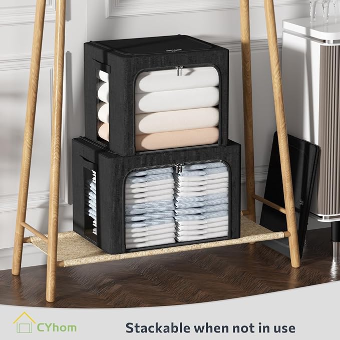 CYhom Clothes Storage Bins Box - Linen Fabric Foldable Stackable Container Organizer Set with Clear Window & Carry Handles & 