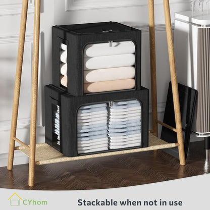 CYhom Clothes Storage Bins Box - Linen Fabric Foldable Stackable Container Organizer Set with Clear Window & Carry Handles & 