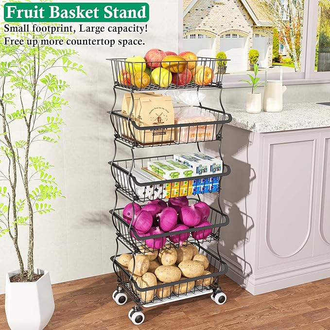 OKZEST 5 Tier Fruit Basket for Kitchen, Stackable Bins Wire Rack with Wheels, Fruit and Vegetable Storage Basket Pantry Food 