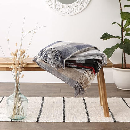 DII Buffalo Check Collection Rustic Farmhouse Throw Blanket with Tassels, 50x60, Tri Color, Stone