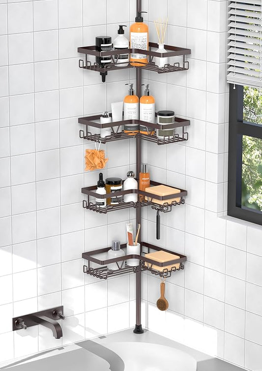 KEGII 4-Tier Corner Shower Caddy Tension Pole - Waterproof Shower Rod Organizer, Floor to Ceiling Tension Rod 25-114.2 inch, 