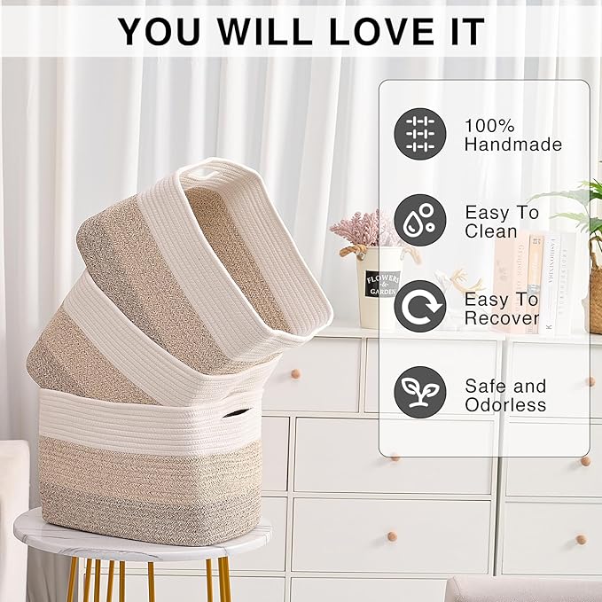 ICERZCZ Storage Baskets for Organizing Shelves, Woven Cotton Rope Bins for Baby Nursery Organization, Book Toy Towel Organize