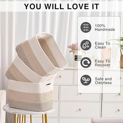 ICERZCZ Storage Baskets for Organizing Shelves, Woven Cotton Rope Bins for Baby Nursery Organization, Book Toy Towel Organize