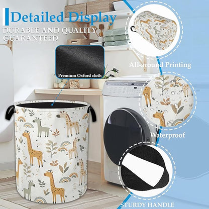 Rainbow Giraffe Laundry Basket Collapsible Laundry Hamper with Handle, Oxford Clothes Toy Storage Bin for Bathroom Bedroom Ro