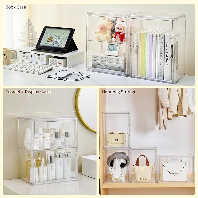 Acrylic Display Case, 2 Tier Clear Plastic Stackable Storage Bins with Magnetic Lids, Figure Display Case for Collectibles Co