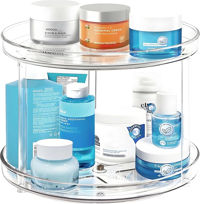 2 Tier Lazy Susan Bathroom Organizer, 9.25Inch Clear 360 Rotating Makeup Organizer for Vanity, Skincare Organizers Perfume Or
