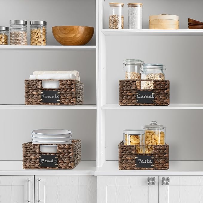 Casafield Set of 4 Water Hyacinth Pantry Baskets, 10" x 13" x 5", with Chalkboard Labels and Chalk Marker - Espresso, Woven S