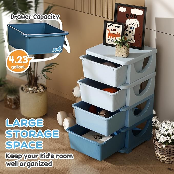 Qaba 4 Tier Kids Storage Unit, Toy Organizers and Storage with 4 Drawer Chest for Kids Bedroom Nursery Kindergarten Living Ro