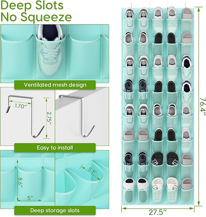 Unjumbly Over the Door Shoe Organizer with 40 Large Breathable Mesh Pockets, Space Saving Shoe Holder, Hanging Shoe Rack for 