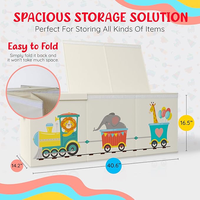 Extra Large Collapsible Sturdy Toy Storage Organizer with Lids, Animal Train Toy Box for Boys Girls, 40"x16"x16", Modern, Bei