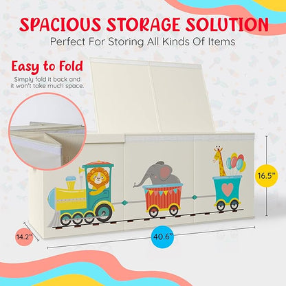Extra Large Collapsible Sturdy Toy Storage Organizer with Lids, Animal Train Toy Box for Boys Girls, 40"x16"x16", Modern, Bei