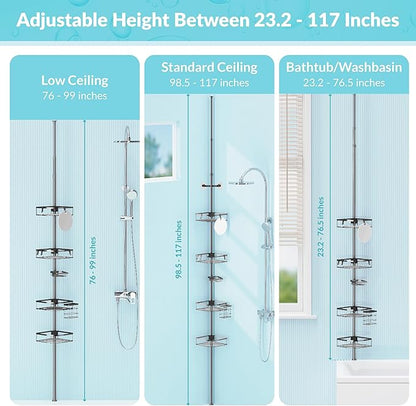 Shower Caddy Tension Pole, 4-Tier Adjustable Corner Shower Standing Caddy, Rustproof Rack for Bathroom Bathtub, with 4 Shelve
