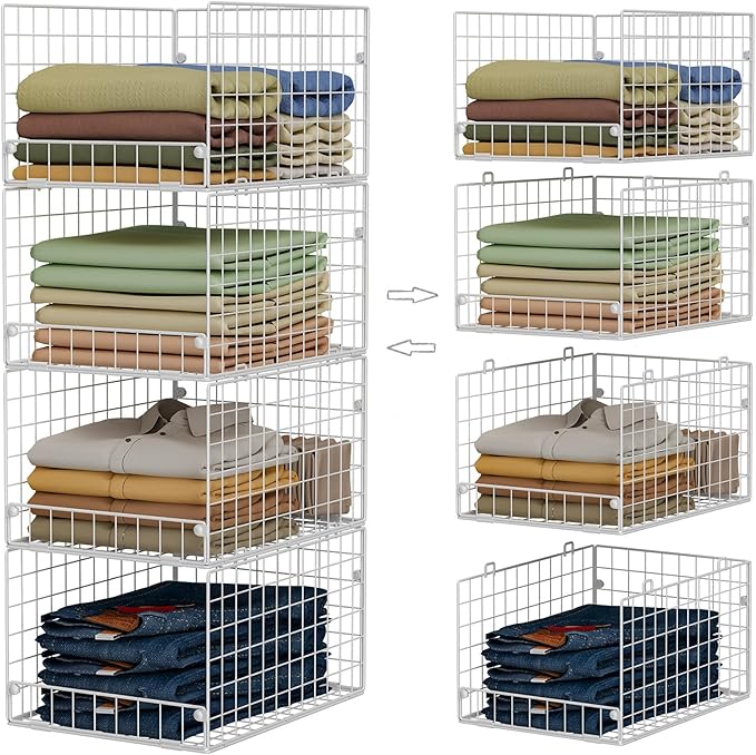 Yociyoga Stackable Closet Organizers and Storage - 4-Tier Stackable Storage Bins, Foldable Closet Shelf Organizer Basket, Clo