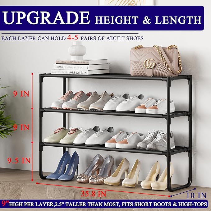 Long Shoe Rack, 3-Tier Stackable Shoe Organizer for Closet, Entryway, Hallway, Extra Bottom Layer, Holds 16-20 Pairs, Sturdy 