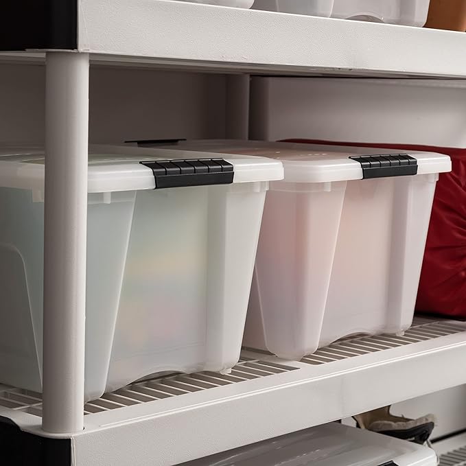 IRIS USA 32 Qt Stackable Plastic Storage Bins with Lids, 4 Pack - BPA-Free, Made in USA - Discreet Organizing Solution, Latch