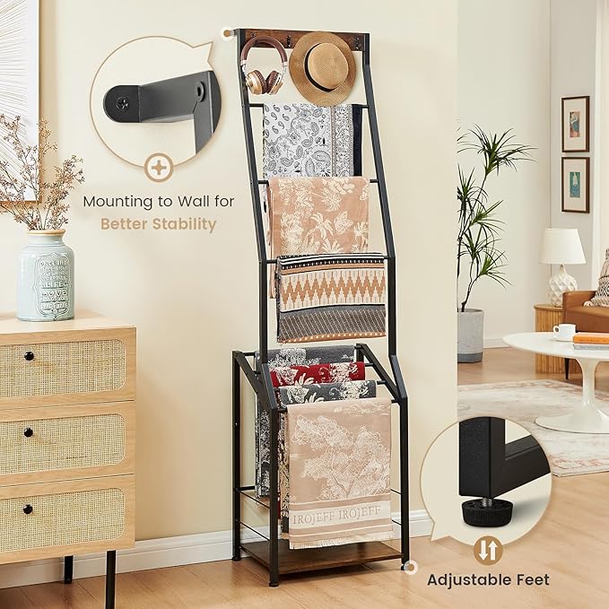 Pinzoveco Blanket Ladder, 7 Tier Wooden Ladder Shelf with Hooks, 5.5ft Blanket Holder Rack Farmhouse Ladder Rack for Storage 