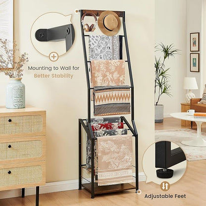 Pinzoveco Blanket Ladder, 7 Tier Wooden Ladder Shelf with Hooks, 5.5ft Blanket Holder Rack Farmhouse Ladder Rack for Storage 