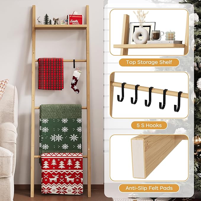 63" Bamboo Blanket Ladder with Shelf and 5 Hooks, 4 Tier Leaning Blanket Rack, Farmhouse Towel Ladder Rack, Decorative Quilt 