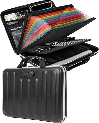 DOZAWA Fireproof Document Box, Hard Case Document Organizer with Lock, 13 Pockets Accordion File Folder with Reflective Strip