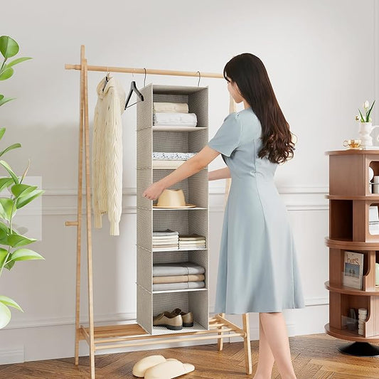 Hanging Closet Organizer, Easy Mount Foldable 6-Shelf Hanging Closet Wardrobe Storage Shelves, Clothes Handbag Shoes Accessor