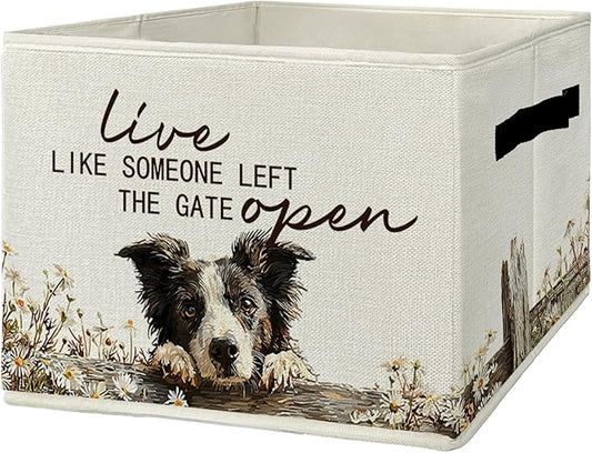 Border Collie Gifts Storage Bins with Handles, Rustic Farmhouse Dog Foldable Basket for Organizing, Live Like Someone Left th