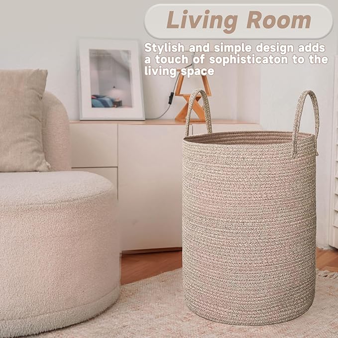 JMvicyroam Large Woven Laundry Basket Hamper,100L Cotton Rope Storage Bin for Blankets,Toys and Clothes,Decorative Tall Nurse