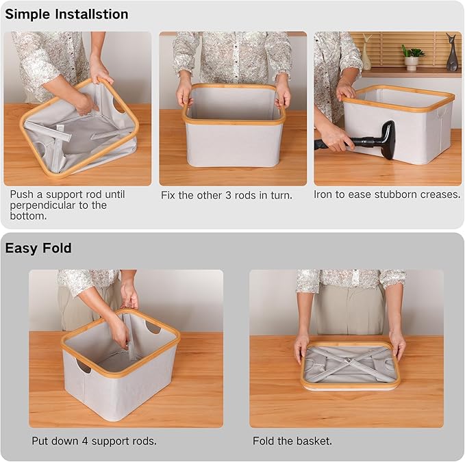 efluky Storage Baskets for Organizing, Fabric Storage Bins with Bamboo Handles, Collapsible Storage Baskets for Shelves and C