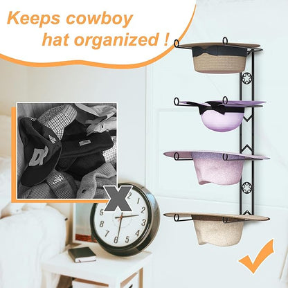4 Pieces Cowboy Hat Organizer Hangers for Wall, Western Hat Rack Wall Mounted with Decorative Star, Metal Cowboy Hat Holder f