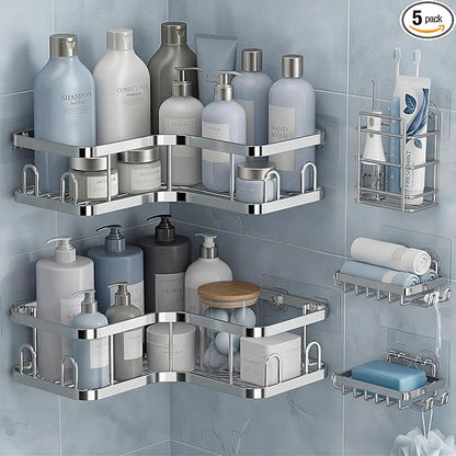 Veken Corner Shower Caddy 5-Pack, Advanced Rustproof Design, No Drilling Adhesive Shelves, Rack with Soap Holder, Large Capac