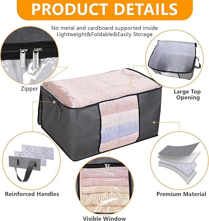 10 Pack Clothes Storage Bags, 90L Large Blanket Storage Bag Comforter Storage Bin with Reinforced Handle and Lid Foldable Clo