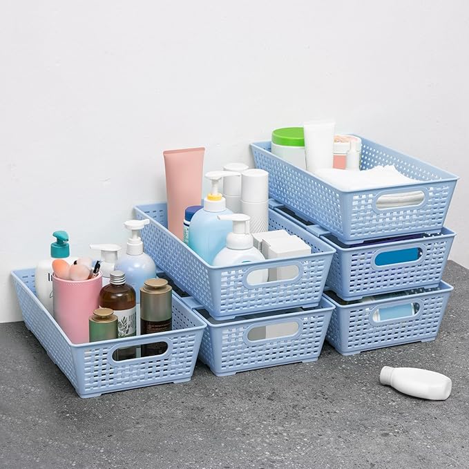 Tiawudi Stackable Woven Plastic Basket, Storage Bins for Cabinet, Closet, Shelf, Under Sink and Countertop, Pantry Organizer 