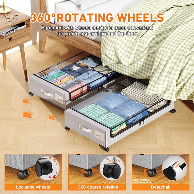 Under Bed Storage with Wheels, 2-Pack Under Bed Storage Containers with Clear Lids, XXL 60L Under the bed storage Organizer B