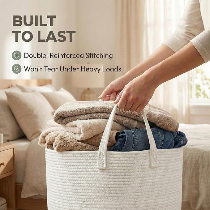 JMvicyroam 65L Extra Large Blanket Basket for Living Room - Woven Cotton Rope Laundry Hamper with Reinforced Handles - Storag